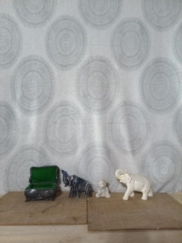 Ceramic Elephants Ceramic Bear Vintage Metal Trinket Jewelry Casket 