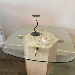 Vintage travertine side table glass top