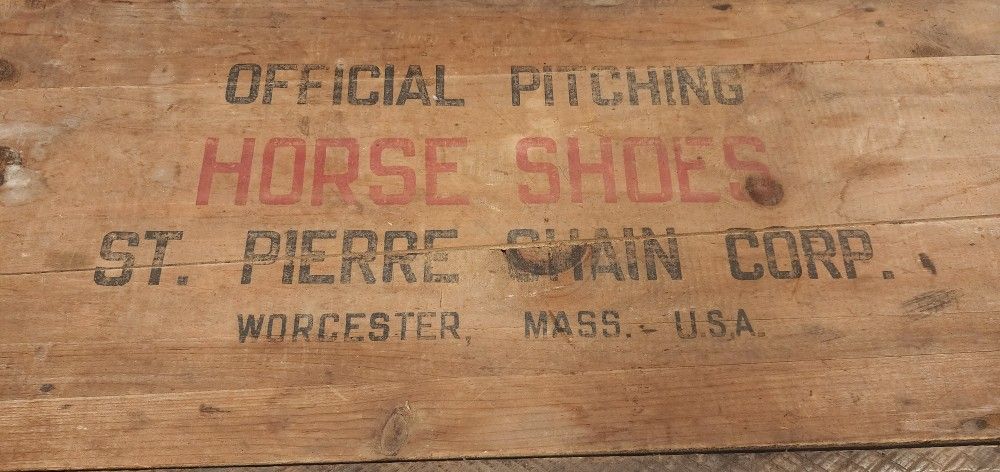 Antique Set of "Royal St. Pierre Worcester Mass." Forged Steel Horseshoes & Posts in Original Wooden Box