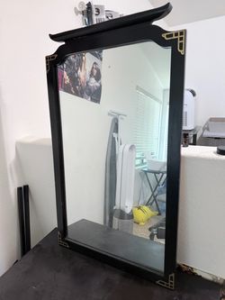 Black Asian-Style Wall Mirror with Gold Accents
