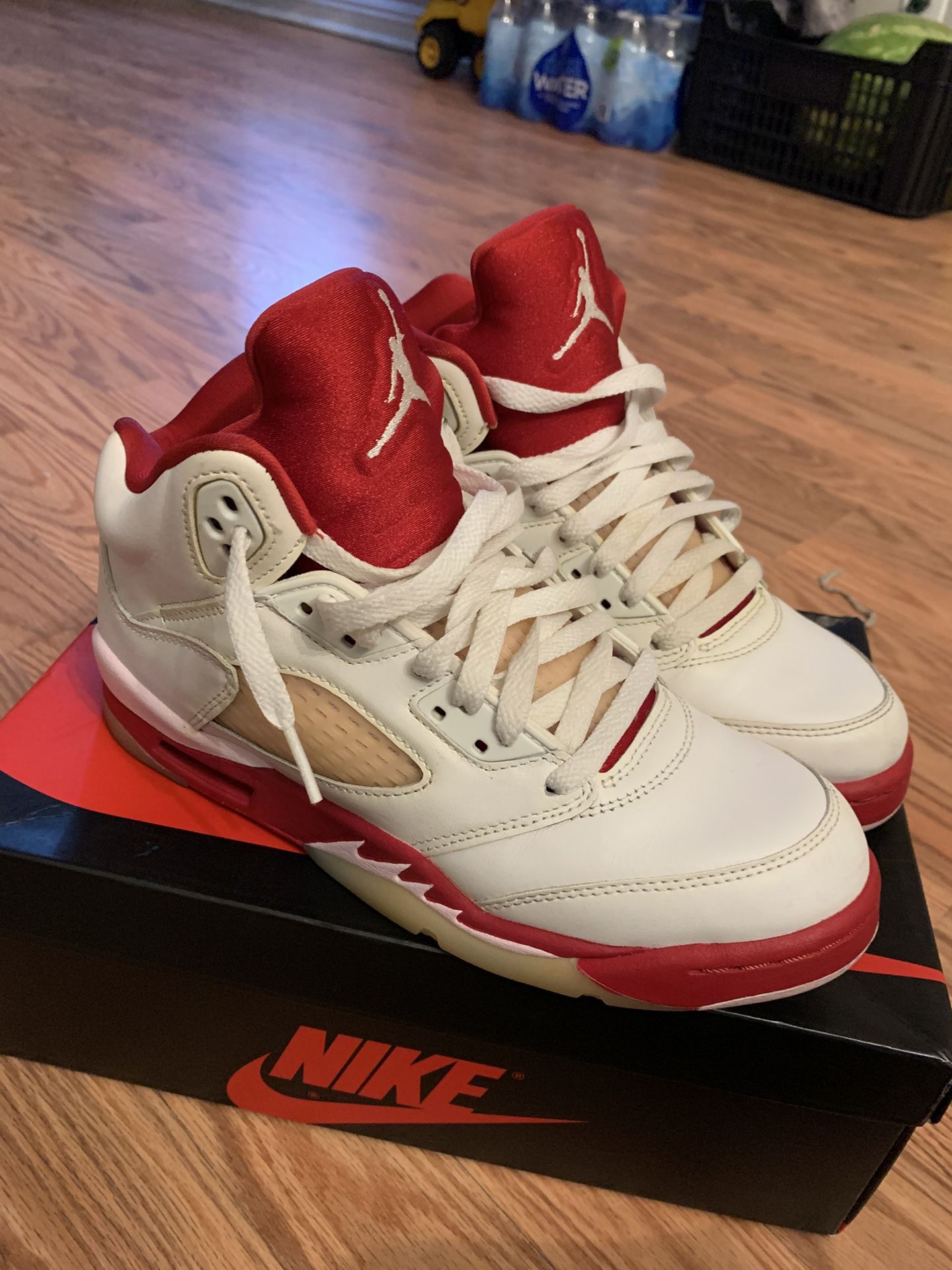 Nike air jordan 5s retro white red and pink