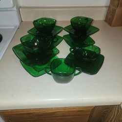 This Features A Set Of Vintage Anchor Hocking Forest Green Glass Cups & Saucers In The "Charm" Pattern. 