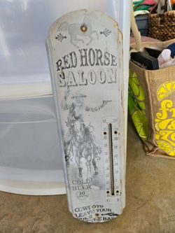 Vintage Tin Red Horse Saloon Western Design Therometer
