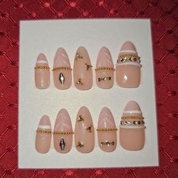 Press-On Nails | Long Almond | Beige & Pink with Gold Bangles & Bling (#8)