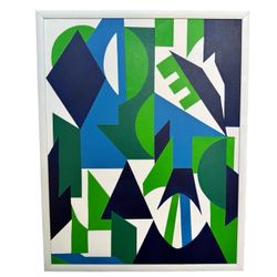 Vintage Abstract Painting Geometric Blue Green White MCM Style Framed