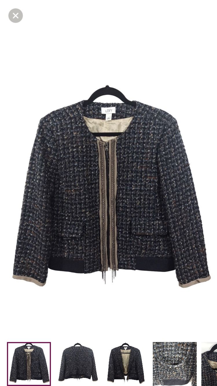 Ann Taylor Womens Blazer Jacket Size XL Tweed Blue Full Zip Office Career