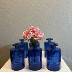 Blue Recycled Spanish Glass Flower Vases / Set of 6 - Wedding, Home, Birthday Party Decor