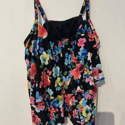 Aqua Green Women's Neck Angled Tiered Tankini Top Multi Floral Print NWT