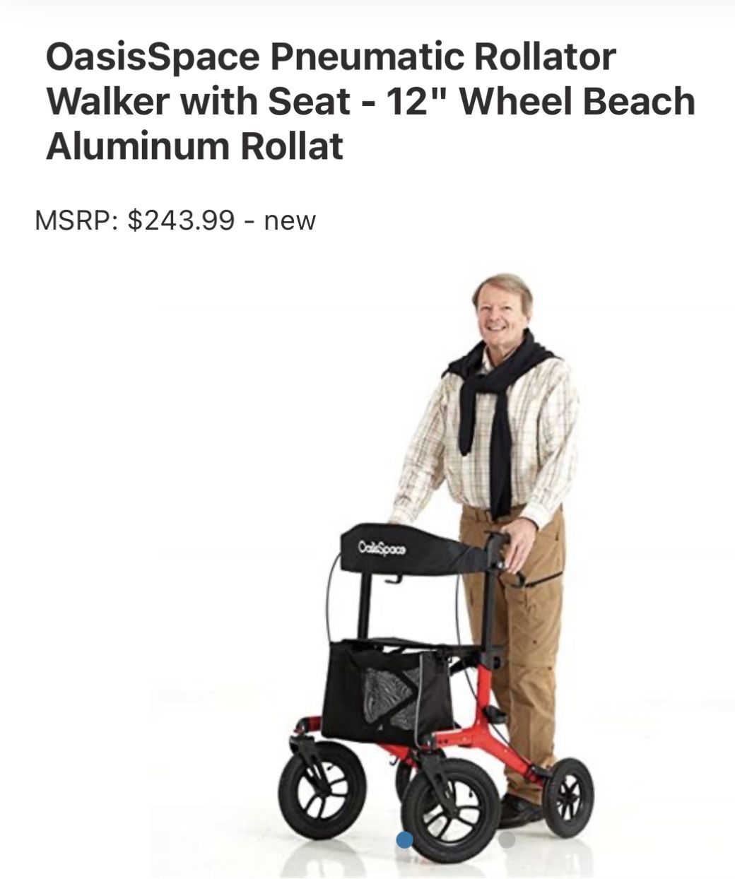Oasis Space Pneumatic Rollator Walker with Seat - 12" Wheel Beach Aluminum Rollator Walker for Outdoors, Mobility Walking Aid for Elderly