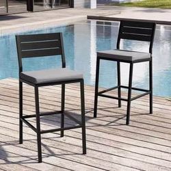 New Set of 2 Outdoor Patio Metal Bar Stools with Light Grey Cushions