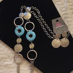 Long Silver And Turquoise Necklace With Earrings 