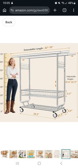 Heavy Duty Double Rail Rolling Garment Rack with Storage Basket