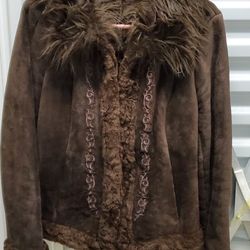 Context Brown Warm Suede Jacket - Faux Fur Collar - S