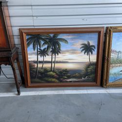 Large Tropical Painting In Wood Frame 