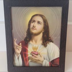 JESUS CHRIST Orig Vintage Fine Art Print Antique ITALY Lizard Skin LEATHER FRAME