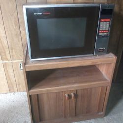 Microwave with  Wood Cabinet Cart w/ Wheels