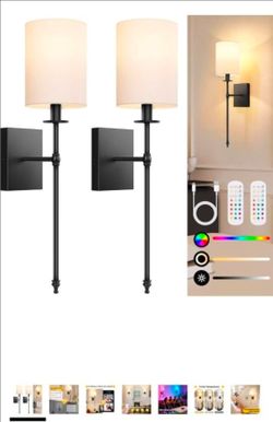 24.8 Inch Black Battery Operated Wall Sconces Set of 2, Rechargeable Wireless Wall Lights with Remote & White Fabric Shade, Indoor Not Hardwired Dimma