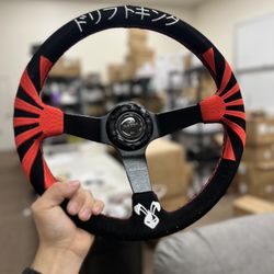 Okinawa Japan Rising Sun Universal 350mm 3"Deep Dish 6-Bolt Steering Wheel Black Suede