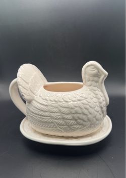 Vintage Cream Ceramic Turkey Gravy Boat with Saucer/Drip Plate, Thanksgiving