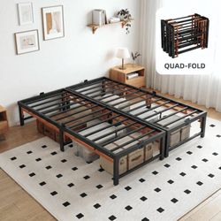 Queen Size Tool-Free Folding Queen Bed Frame, Quad-Fold, Heavy Duty Metal Bed wi