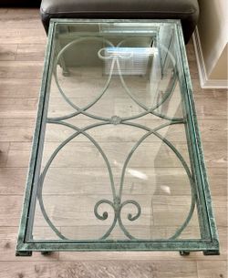 Vintage Wrought Iron & Beveled Glass Coffee Table – Ornate Scroll Design