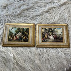 2 Vintage Florentine Style Wall Art Plaques Pictures Wood Italy MCM Gold 8" x 6"