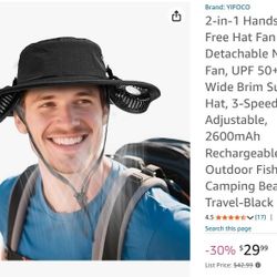 2-in-1 Hands-Free Hat Fan, 2600mAh Rechargeable 