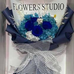 Royal Blue Preserved Flower Bouquet  Includes Box 