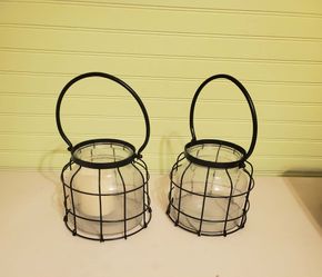 Pair of Farmhouse Wire Cage Glass Lanterns / Candle Holders