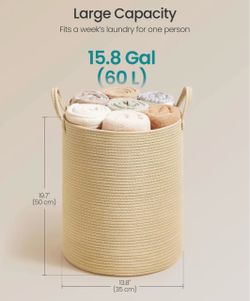 SONGMICS 15.8 Gallons Laundry Hamper Cotton Rope Basket w/ Handles - Tan