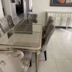 “Luxury Glam Dining Set – Glass Table + 8 Velvet Chairs + Buffet