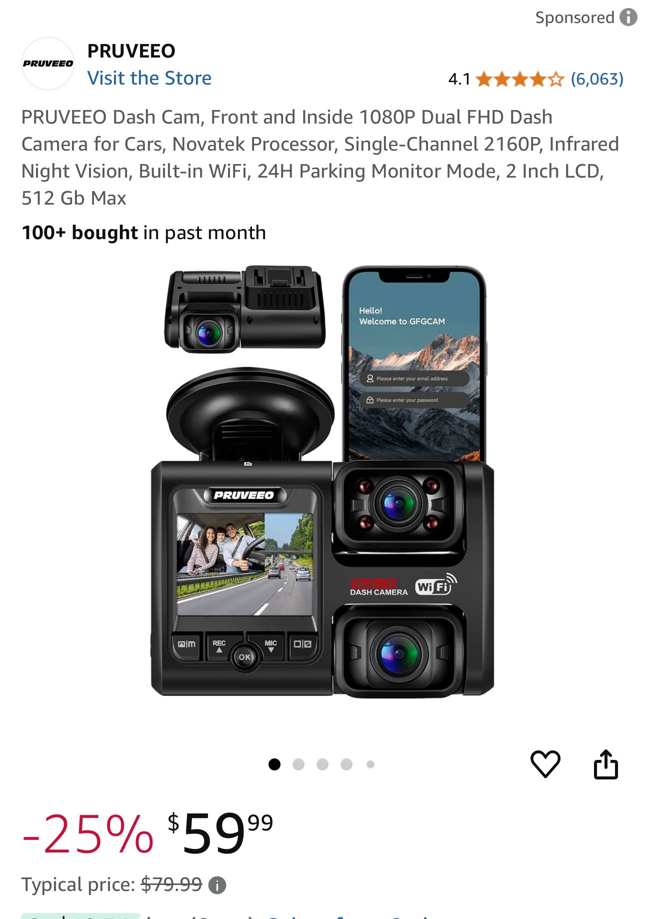 PRUVEEO D30H 2 Channel Dash Cam With Night Vision WiFi Dual Cam 1080p UBER LYFT