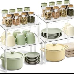 Cabinet Organizer, Set of 4 Stackable Spice Rack, Acrylic Shelves for Pantry Organizers and Storage