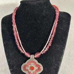 Vintage 3 Strand 2 Seed Beads 1 Pink Glass W/ Silver Tone  Pink Resin Pendant Great Condition 