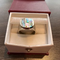 Men’s heavy stainless steel & Abalone shell ring. Size 10 3/4