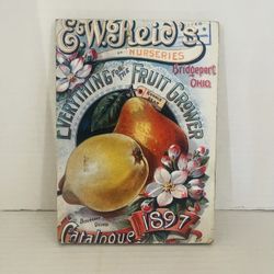 Vintage Plaque reproduction of a vintage 1897 catalog cover for E.W. Reid's Nurseries, featuring illustrations of pears and a lemon. 