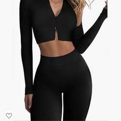 QINSEN Workout Set for Women Long Sleeve Sports Crop Tops High Waisted Yoga Gym Leggings Outfits