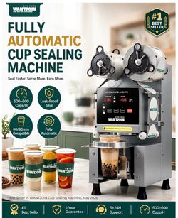Cup Sealer Machine - Full Automatic Cup Sealing Machine for Bubble Milk Tea Coffee Shop, 90/95mm Caliber Electric Boba Sealing Machine Seals 500-600 C