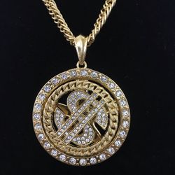 Gold Tone Stainless Steel Necklace with Swarovski Glass Encrusted Spinner Dollar Sign Pendant/ New Drip 2021 Fashion Jewelry Bling/ We Ship Fast!