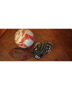 Kids Sports Lot — Franklin Baseball Glove 10" + Wilson Pee Wee Football + Baden Soccer Ball