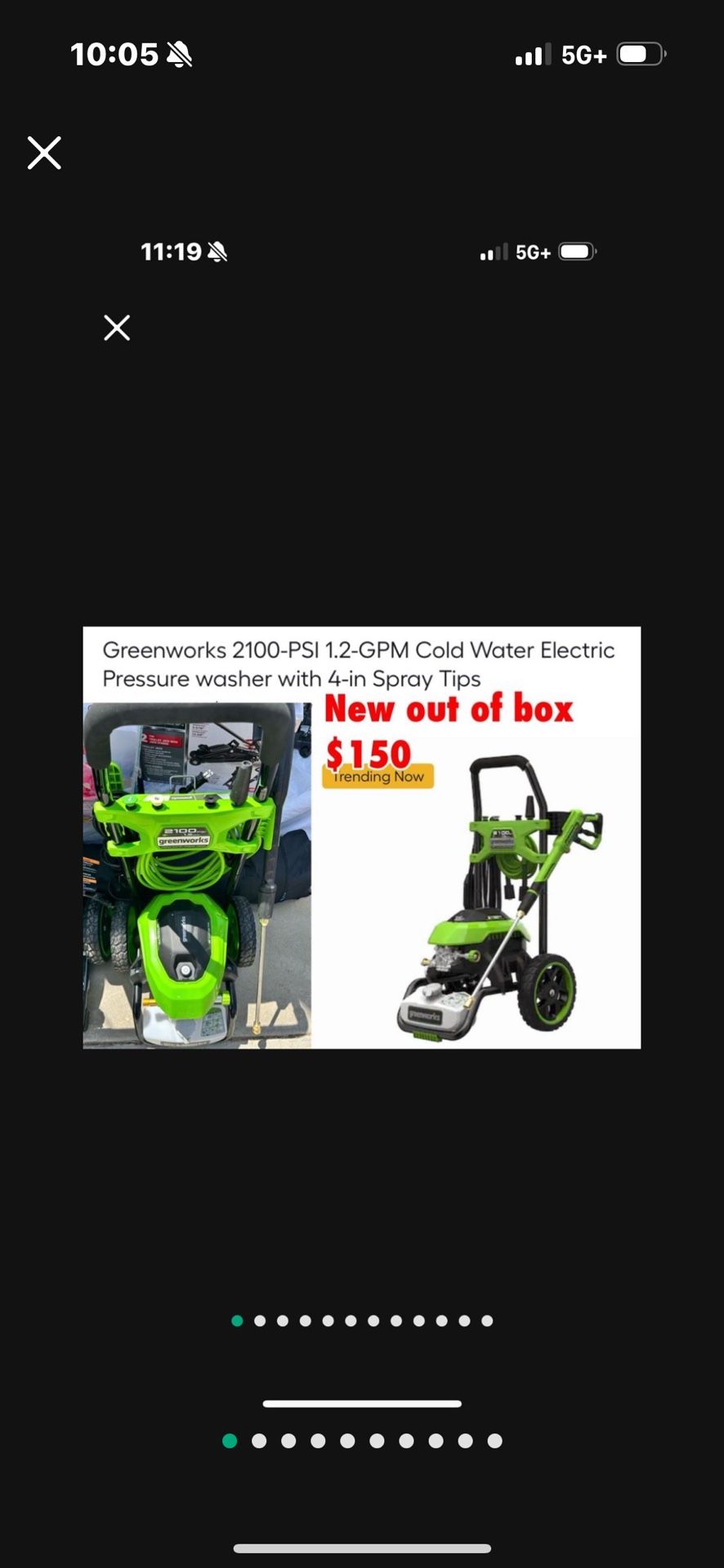 New out of box Greenworks 2100-PSI 1.2-GPM Cold Water Electric Pressure washer with 4-in Spray Tips $150 cash only East Palmdale 