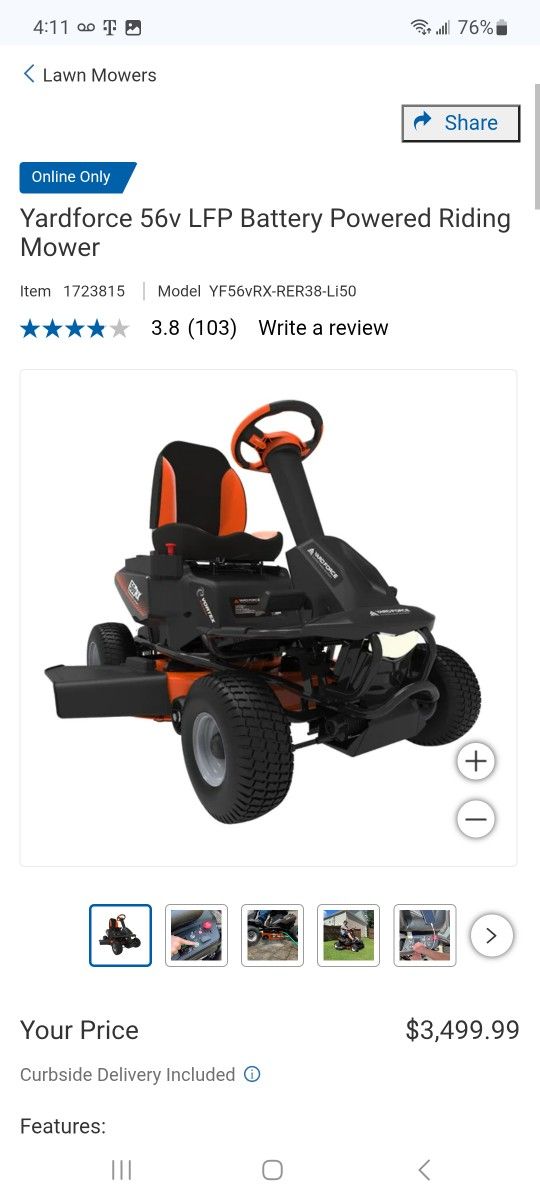 Yardforce 56v LFP Battery Powered Riding Mower $2,200