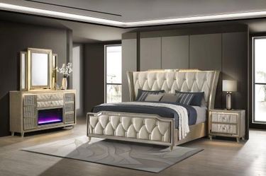 Glam Tufted Bedroom Set with Fireplace Dresser- finance available $39 down