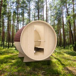 Durasage 4-Person Outdoor Barrel Traditional Steam Sauna with Shingled Roof, Glass Door and 6kW Wet or Dry Harvia Heater and Lava Rocks, Warranty, NEW