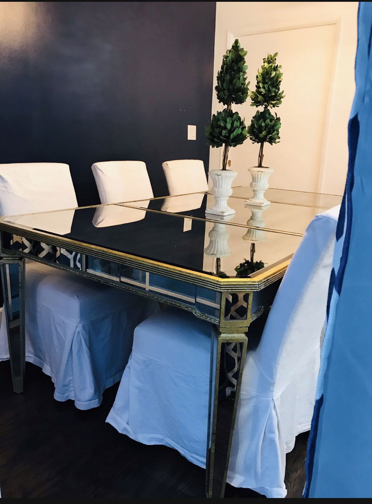 Mirrored Z Gallerie Dining table with 6 Slipcovered White Chairs