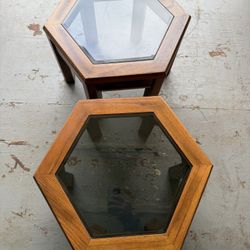 End tables, 2 hexagon tables with glass top, solid wood 15” tall & 20” on top across