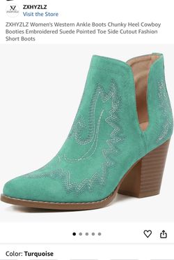 ZXHYZLZ Women's Western Ankle Boots Chunky Heel Cowboy Booties Embroidered Suede Pointed Toe Side Cutout Fashion Short Boots