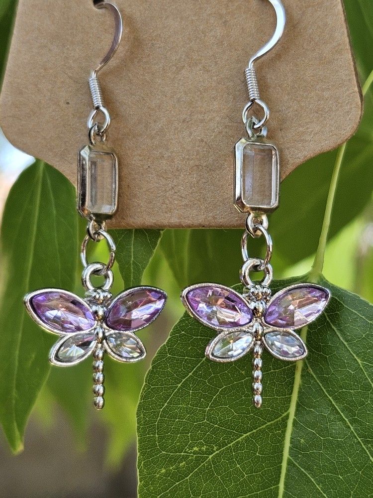 Purple And Silver Dragonfly Earrings