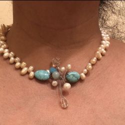 Baroque pearls and turquoise,crystal quartz 16’