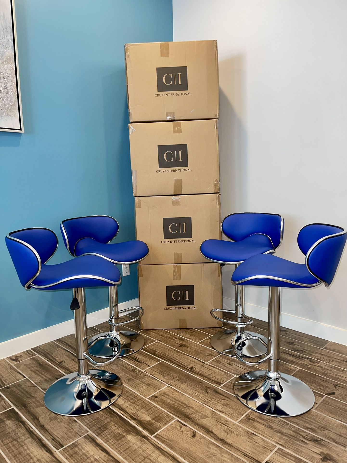 Brand New! $60 EACH Blue Curvy Bar Stools Chairs